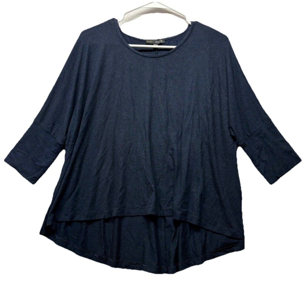 KOZAN Tunic Top Dark Blue Stripe Lagenlook Women's XS Oversized Fit 3/4 Sleeve